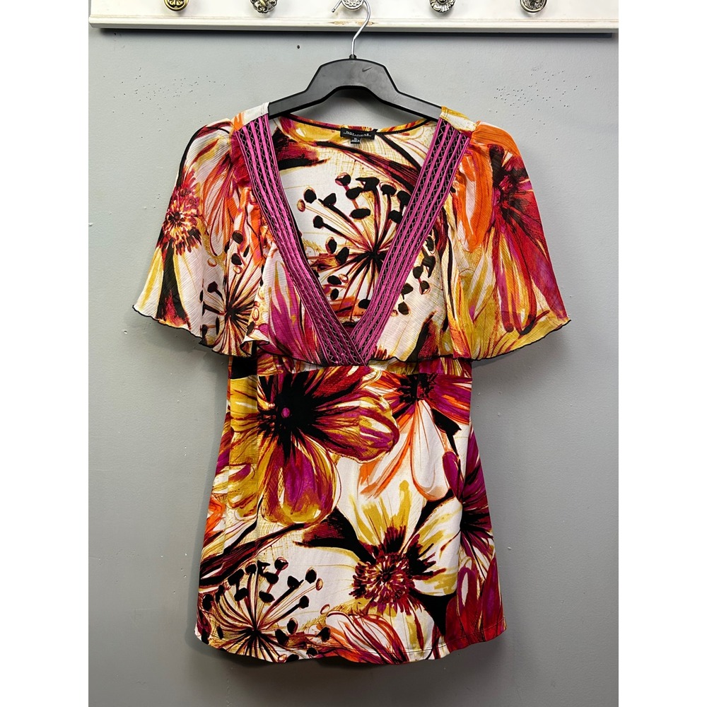 Notations Blouse Women XL‎ Multi Floral Flutter Sleeve V-Neck Crochet Tropical